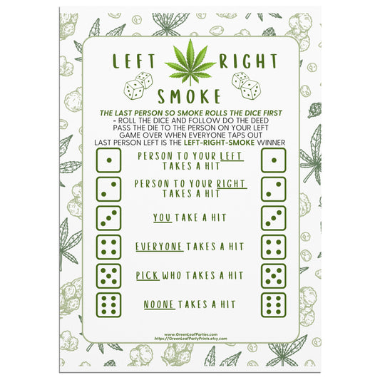 Left Right Smoke dice game instructions with cannabis leaf border.
