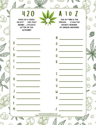 420 Weed Themed A to Z Game, Fun Cannabis Trivia, Printable Party Game, Stoner Game for Adults, Unique Game for 420 Party