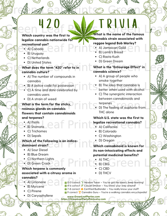 Cannabis trivia questions and answers about legalization, strains, and compounds.