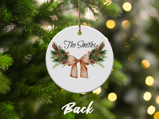 Personalized Christmas Ornament with Holiday Bow Design