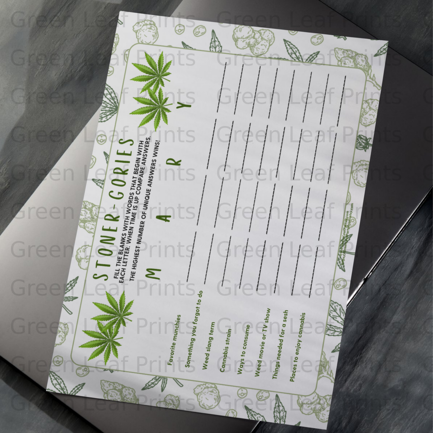 Stoner-Gories party game with fill-in-the-blank prompts and cannabis leaf graphics.