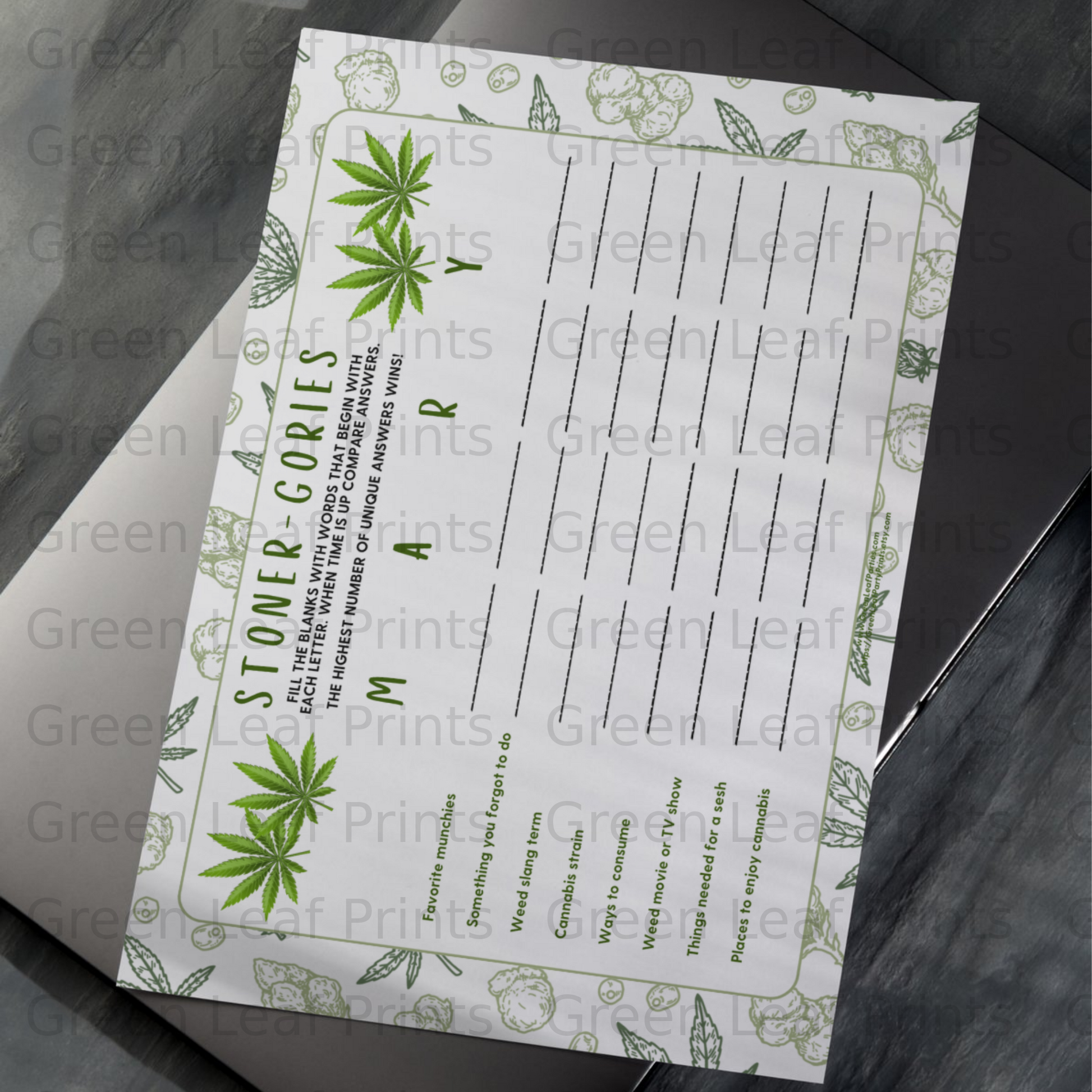 Stoner-Gories party game with fill-in-the-blank prompts and cannabis leaf graphics.