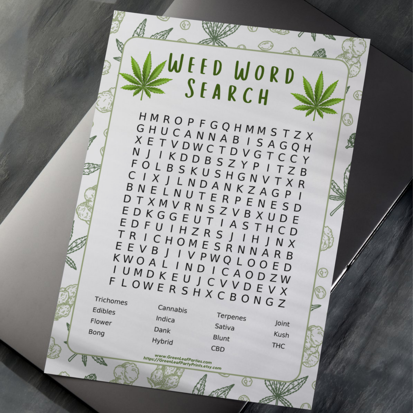 Weed word search puzzle with cannabis leaf border and related terms.