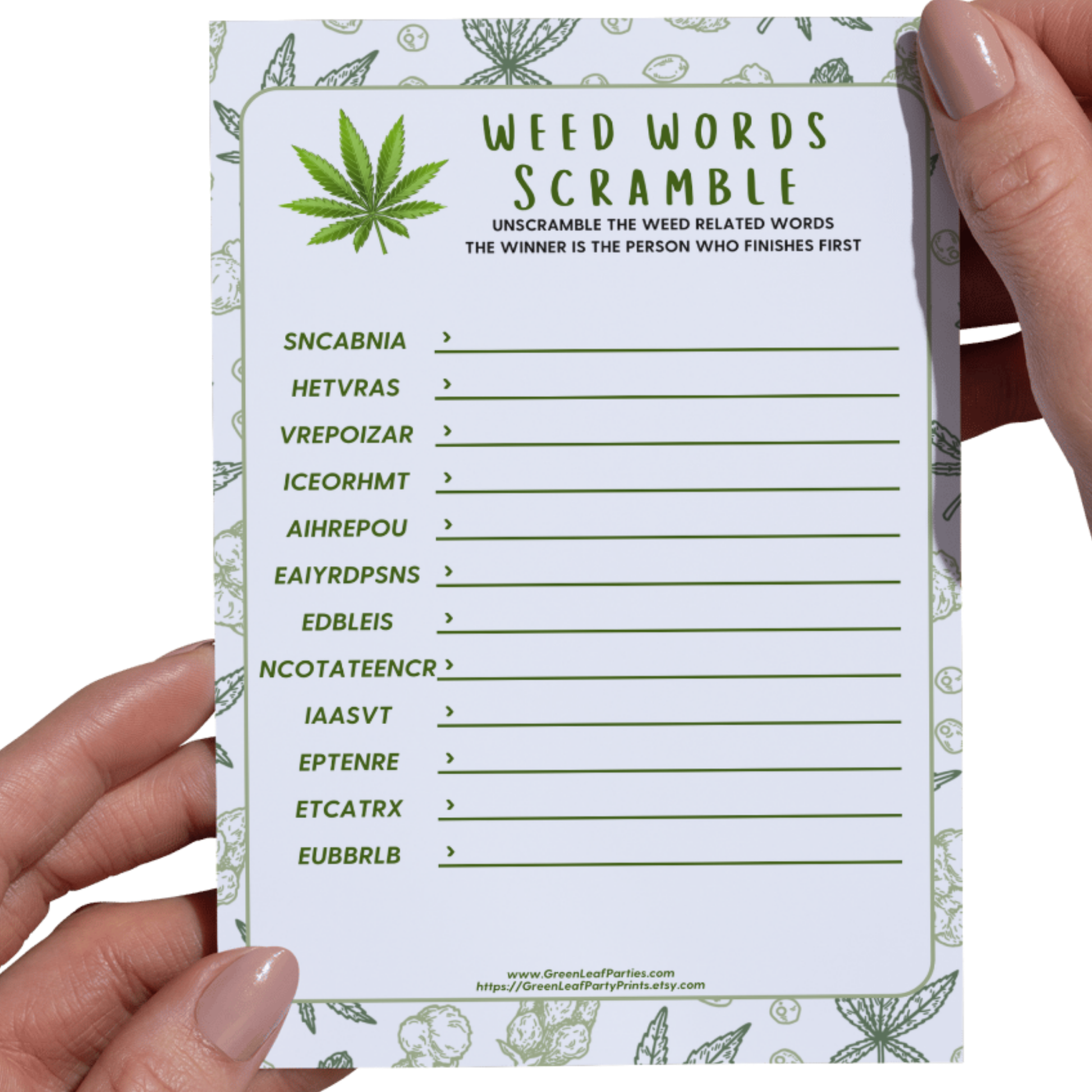 Weed Words Scramble game sheet with jumbled words and a cannabis leaf design.