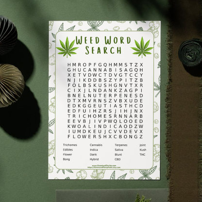 Cannabis-themed word search puzzle with a list of related terms.