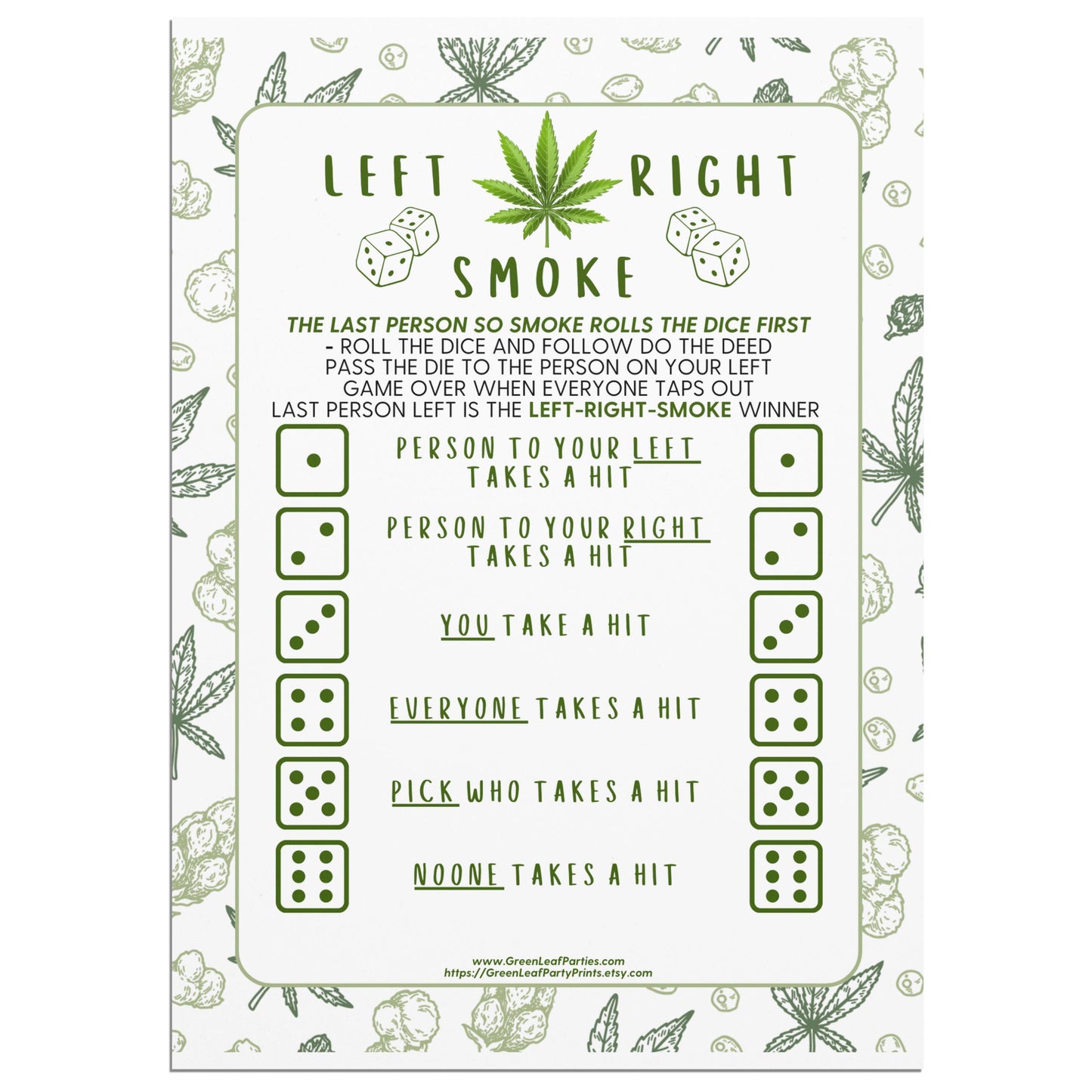 Left Right Smoke dice game instructions with cannabis leaf border.