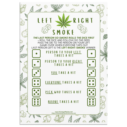 Left Right Smoke dice game instructions with cannabis leaf border.