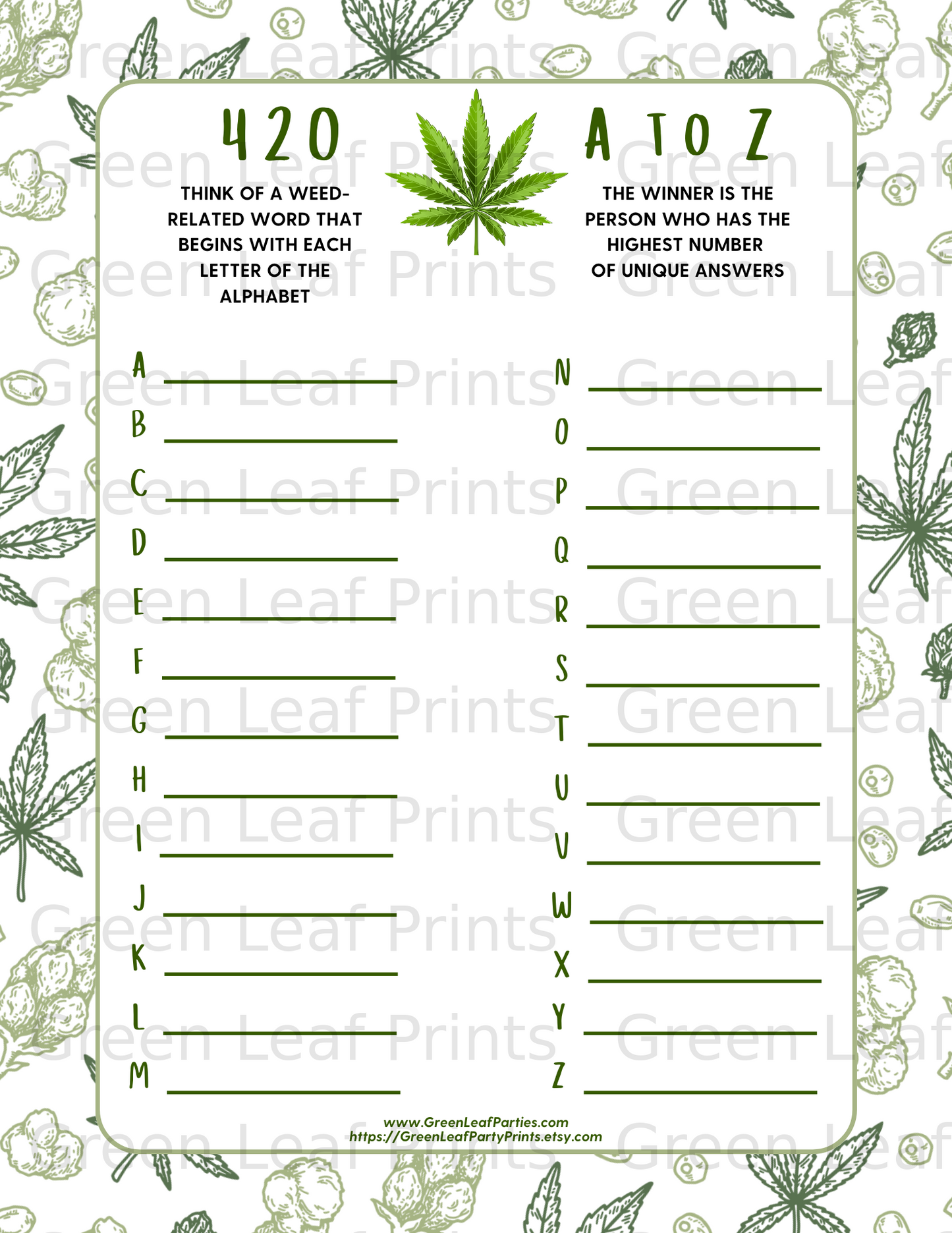 420 A to Z Alphabet Weed Word Game Party Activity product type