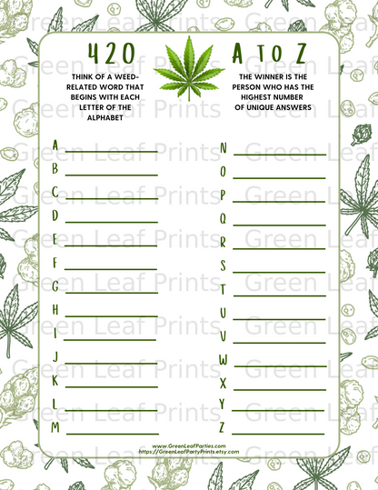 420 A to Z Alphabet Weed Word Game Party Activity product type