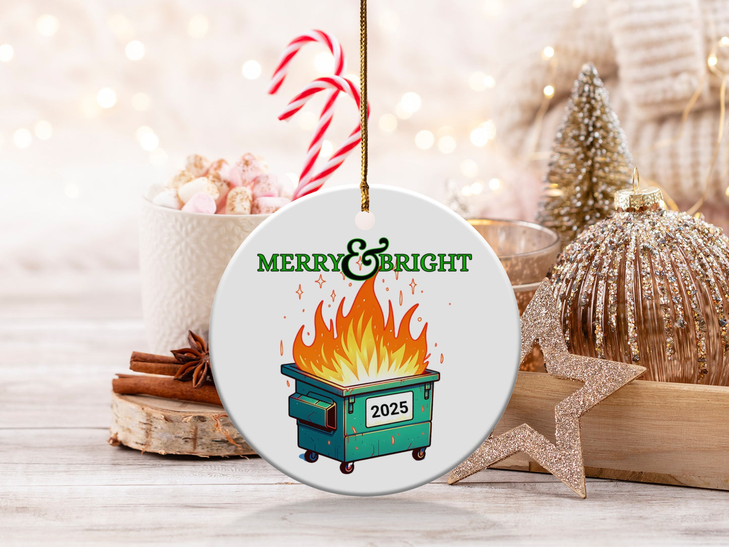 Merry and Bright 2025 Dumpster Fire Christmas Ornament