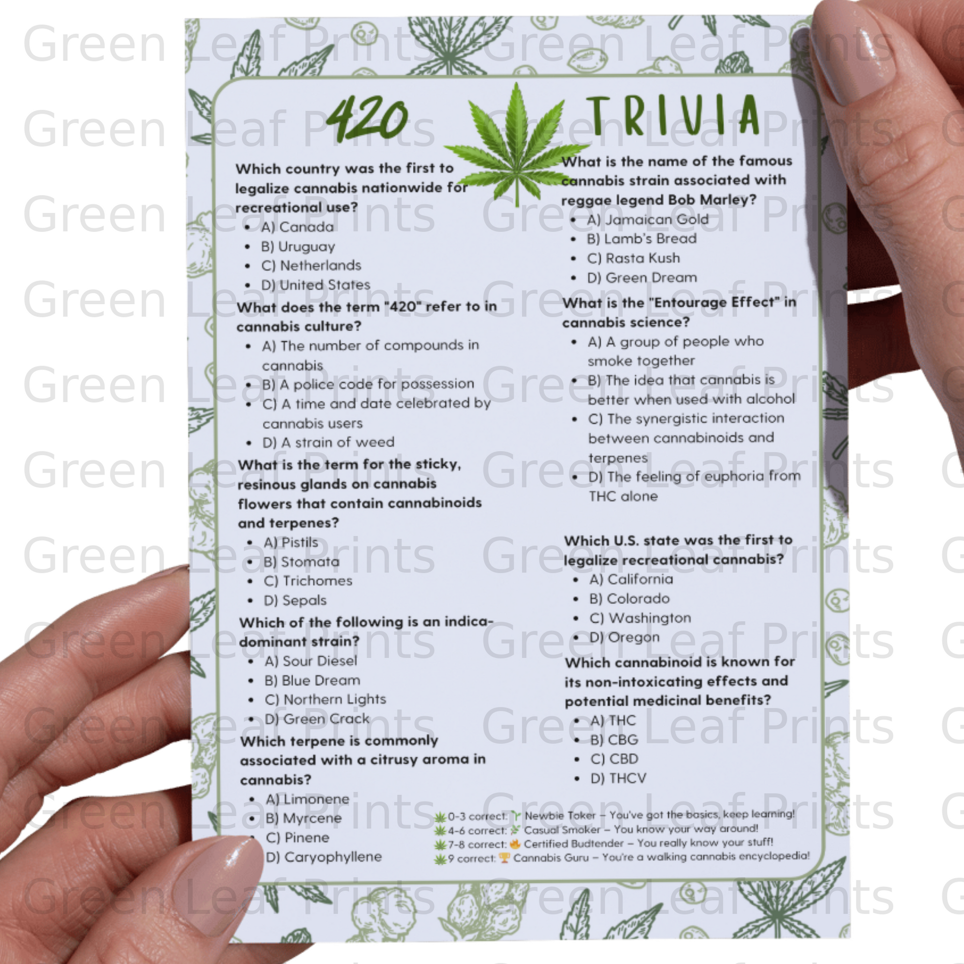 Cannabis trivia quiz with questions and answers about legalization and strains.