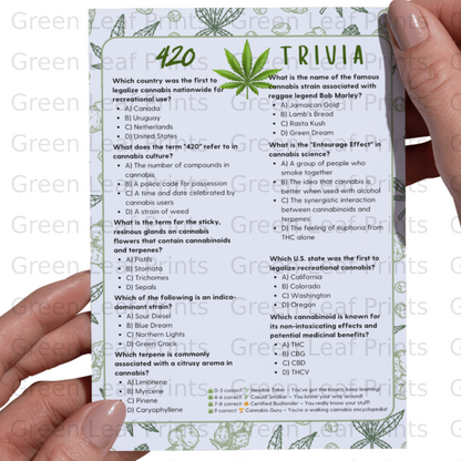 Cannabis trivia quiz with questions and answers about legalization and strains.