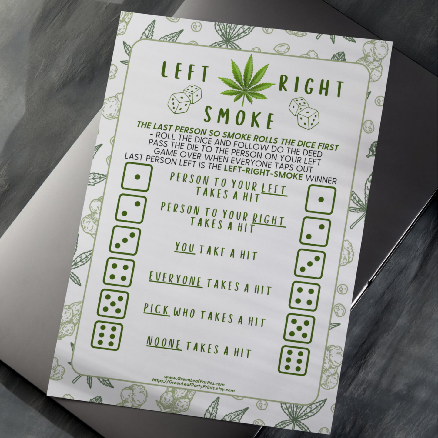 Left Right Smoke dice game instructions with green leaf motif.