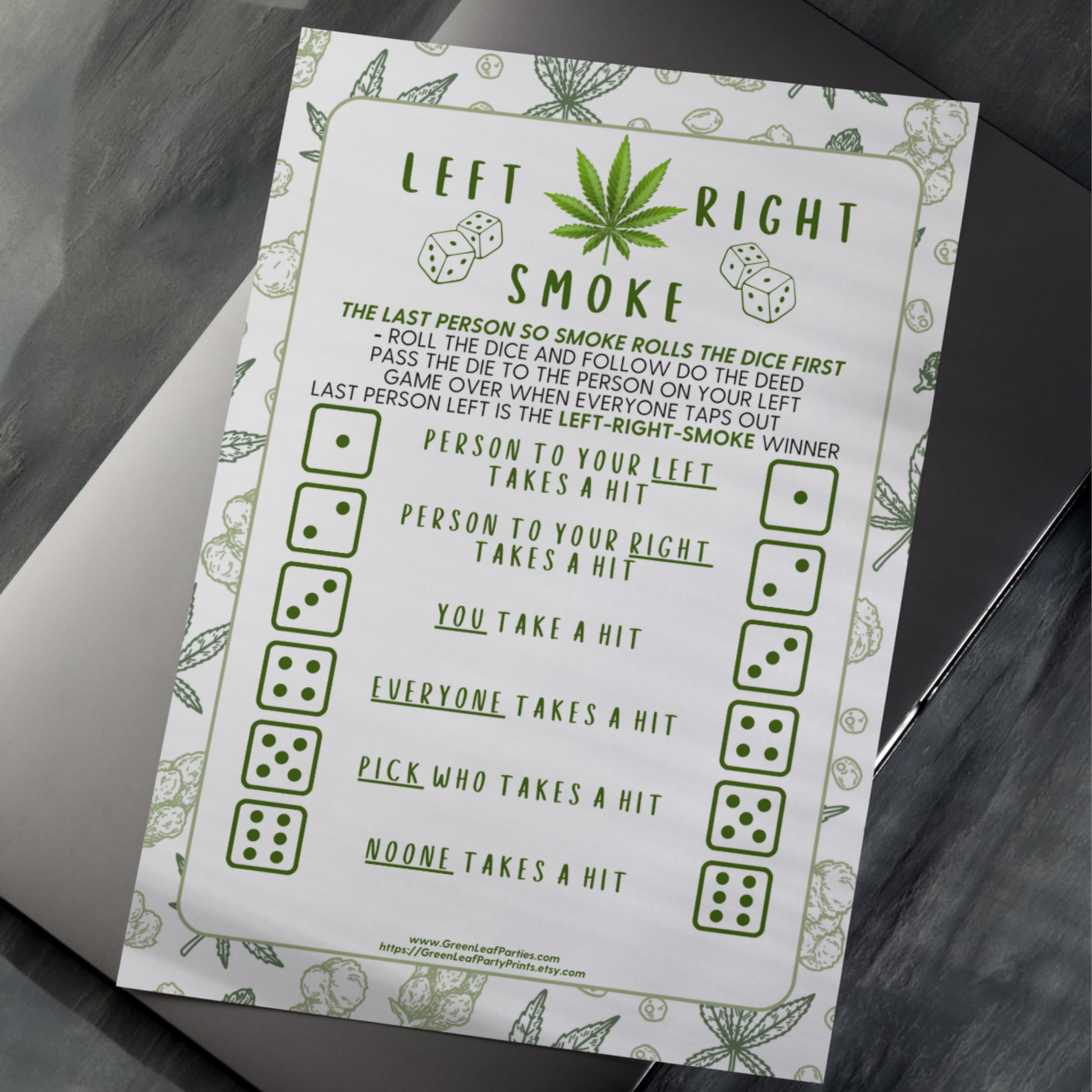 Left Right Smoke dice game instructions with green leaf motif.