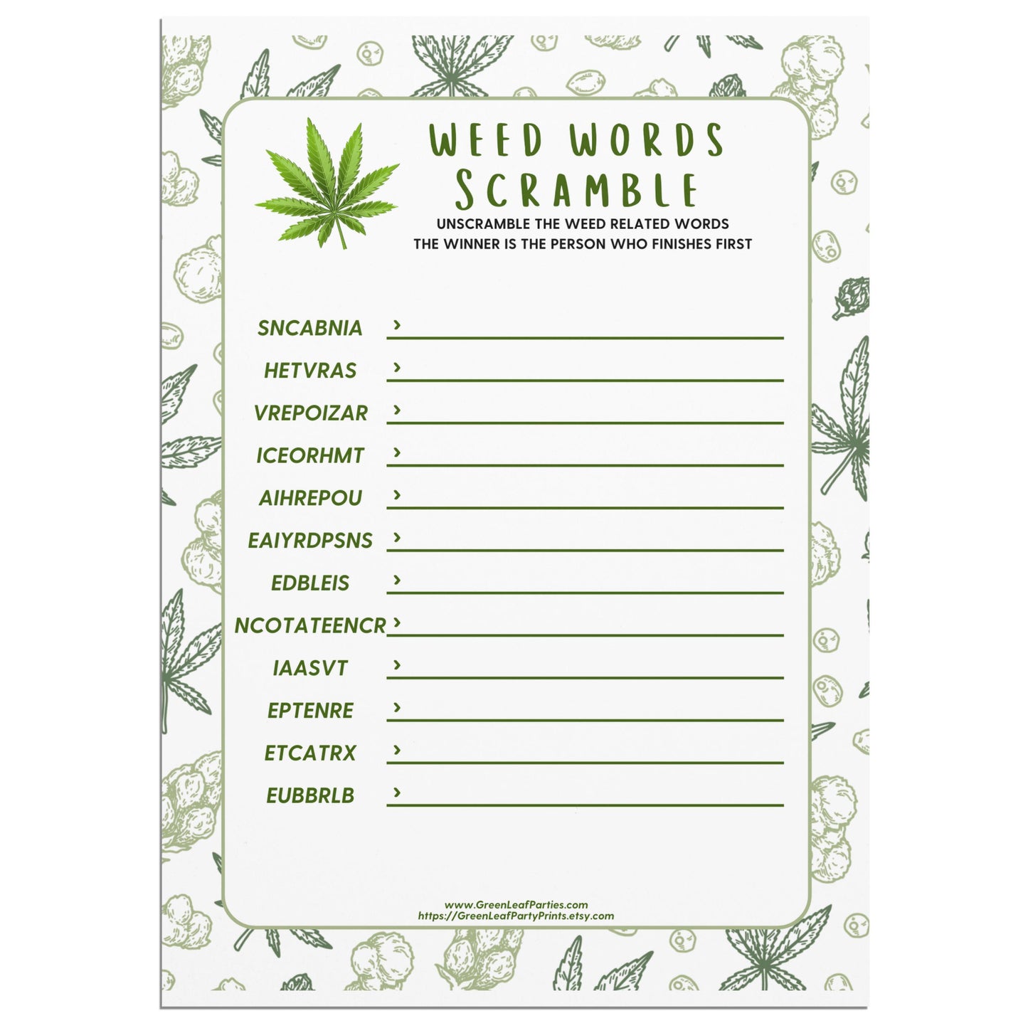 Word scramble game sheet with scrambled words and title "Weed Words Scramble".