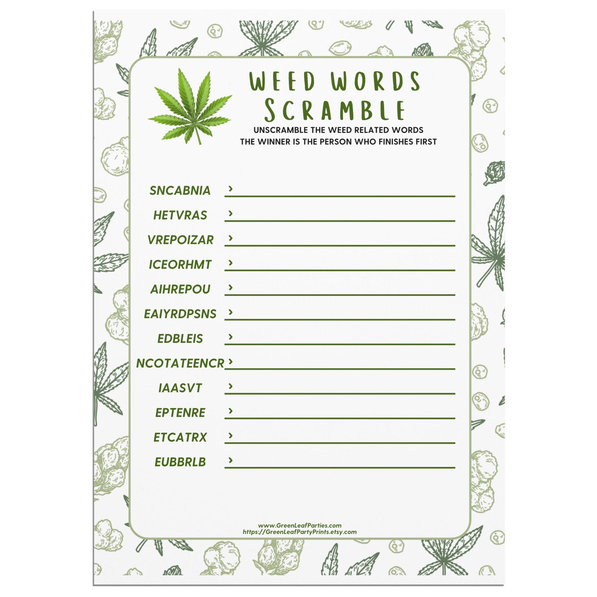 Word scramble game sheet with scrambled words and title "Weed Words Scramble".