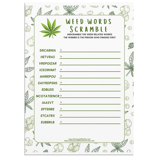 Word scramble game sheet with scrambled words and title "Weed Words Scramble".