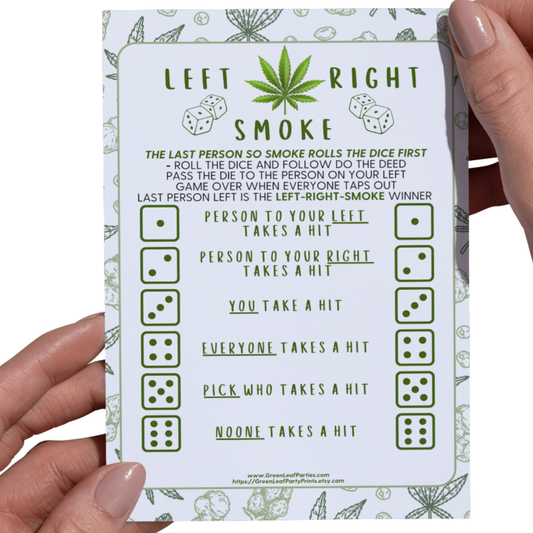 Left-Right-Smoke dice game card with instructions and dice icons.