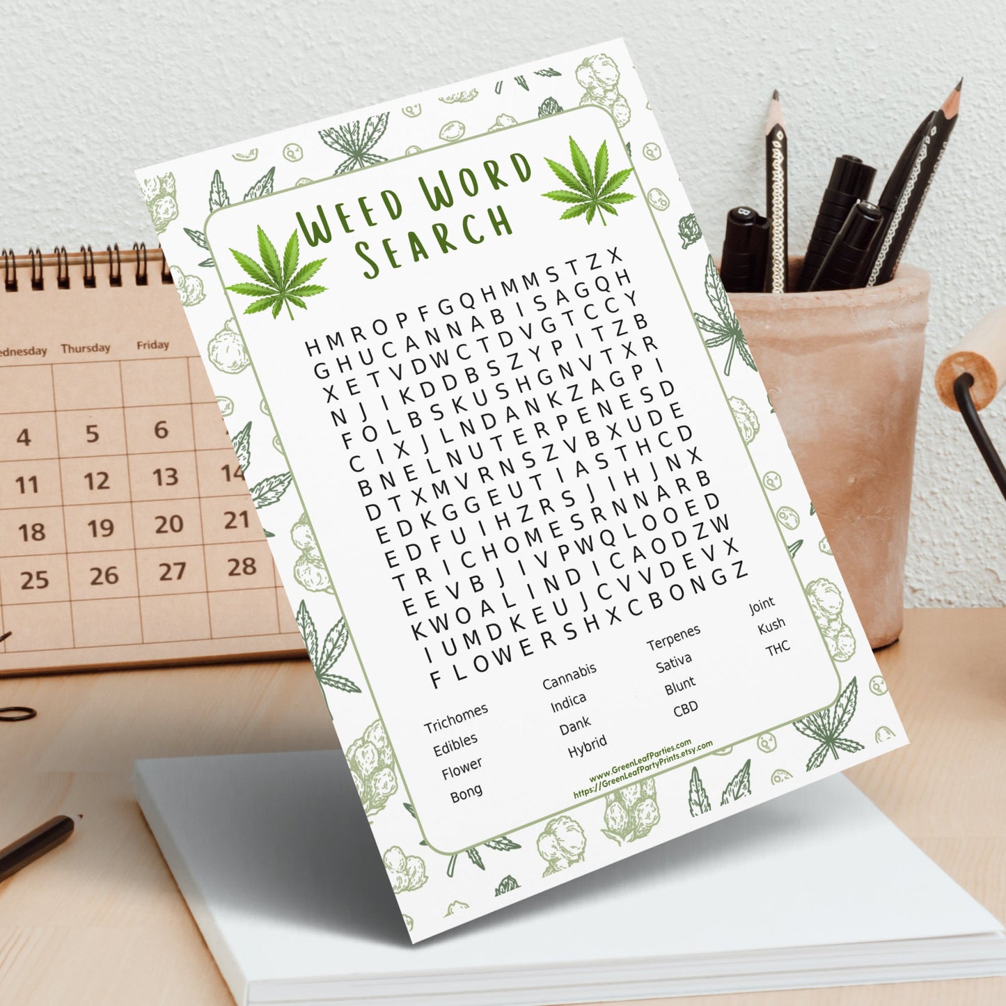 Cannabis-themed word search puzzle with categories for flower and extract types.