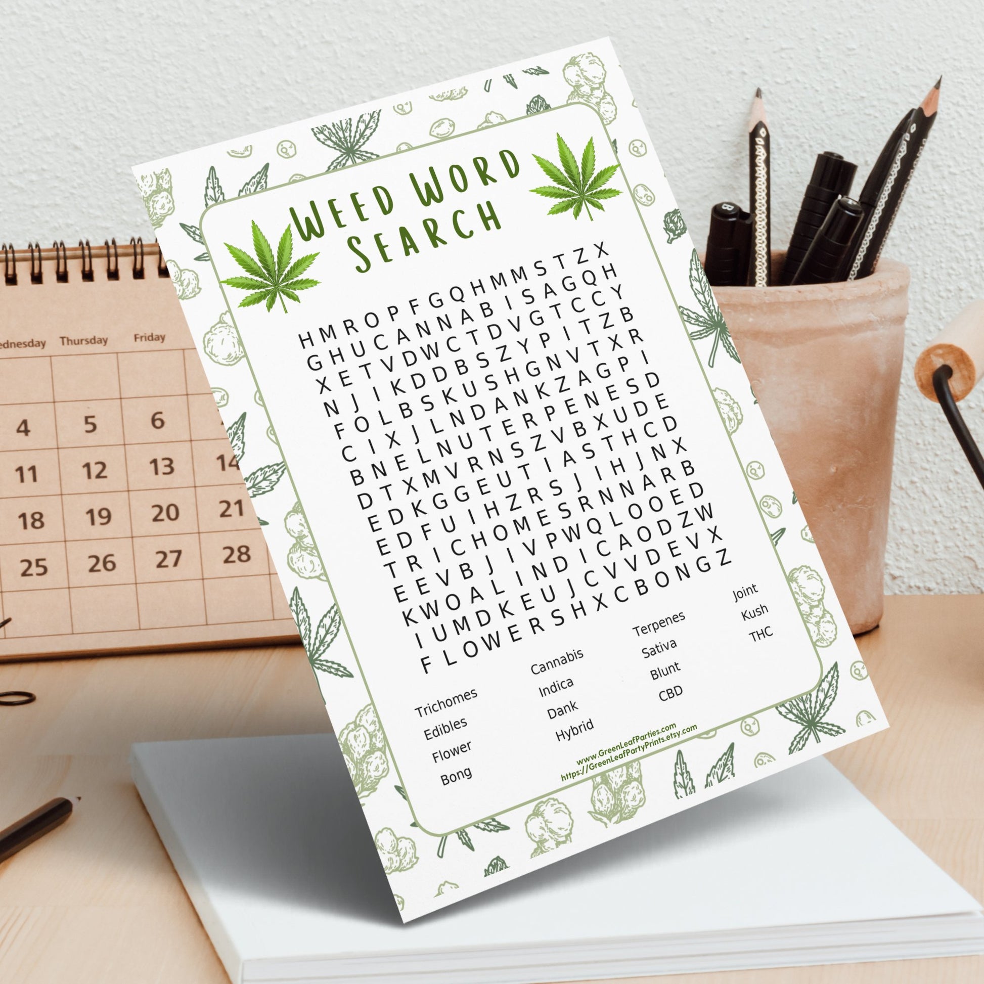 Cannabis-themed word search puzzle with categories for flower and extract types.