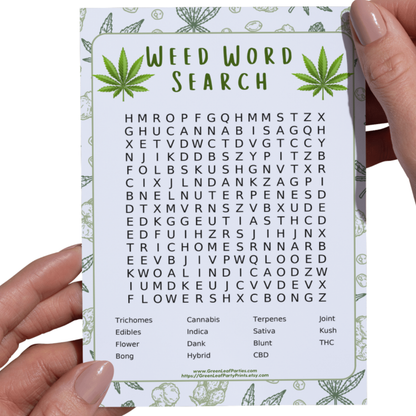 Word search puzzle with cannabis-related terms and list of words.