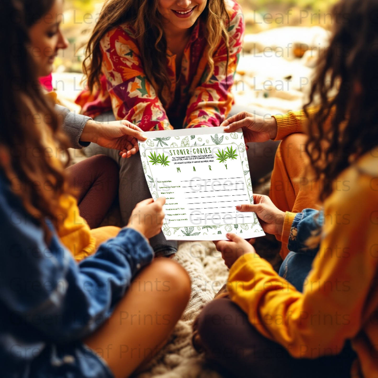 Three friends holding a game sheet titled "Stoner-Gories".