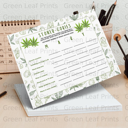 Stoner-Gories game board with cannabis leaf illustrations and fill-in-the-blank categories.