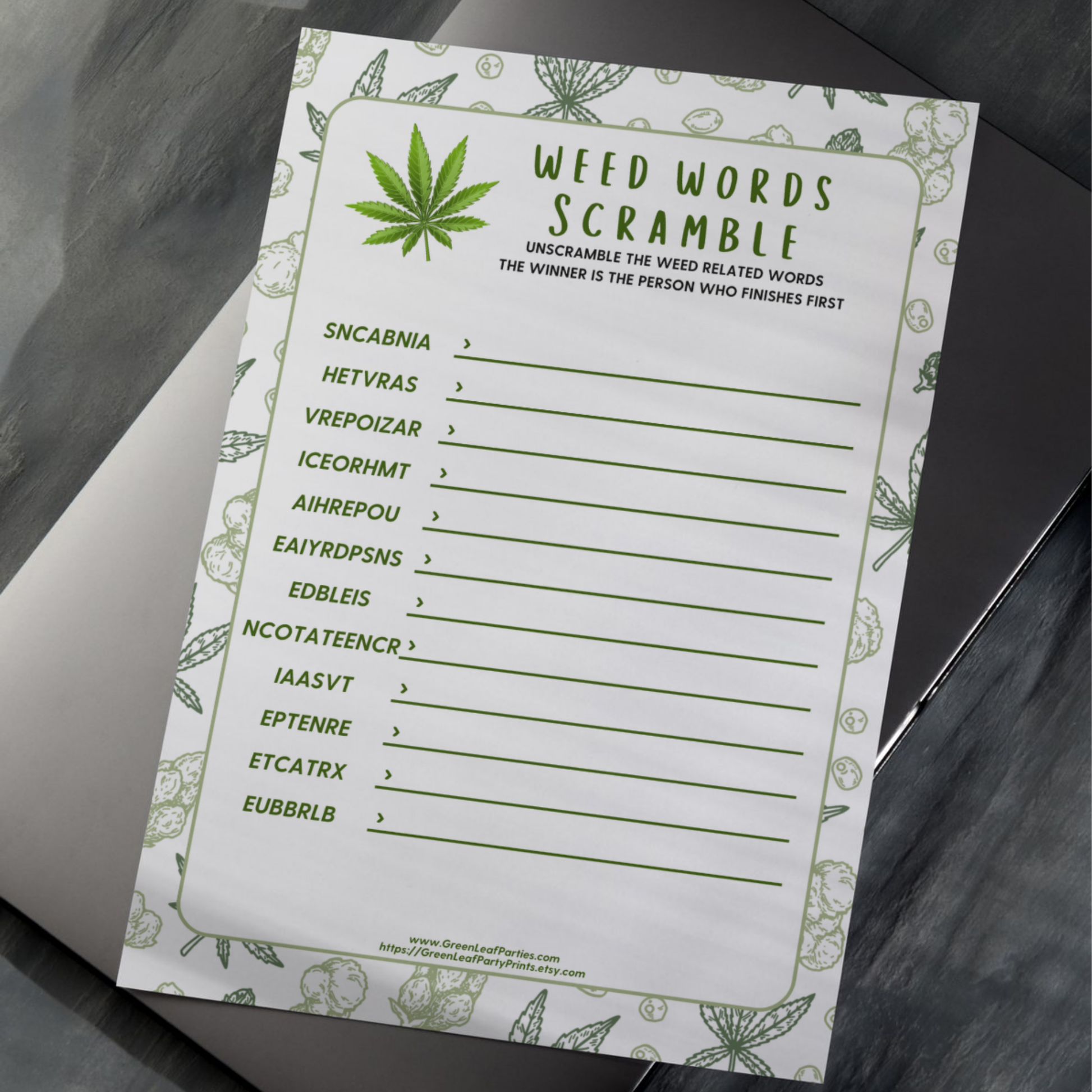 Weed Words Scramble game sheet with scrambled words and instructions.