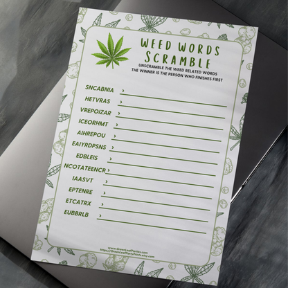 Weed Words Scramble game sheet with scrambled words and instructions.