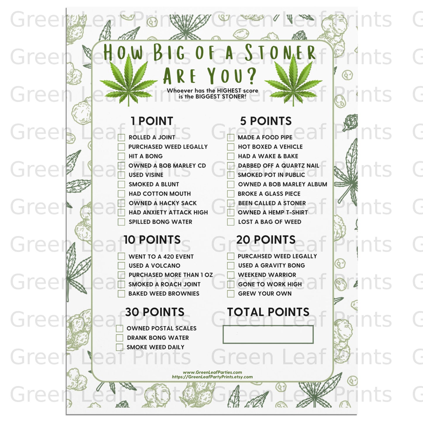 "How Big of a Stoner Are You?" quiz chart with scoring categories.