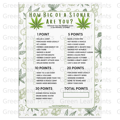 "How Big of a Stoner Are You?" quiz chart with scoring categories.
