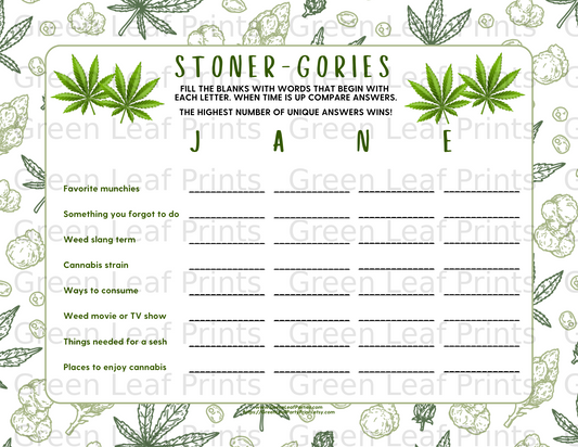 Stoner-Gories game board with cannabis-themed categories and blank lines.