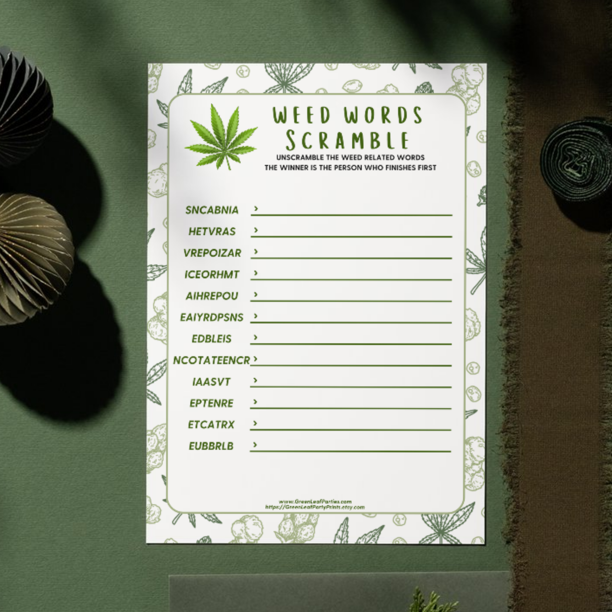 Weed Words scramble game with scrambled words and a cannabis leaf.
