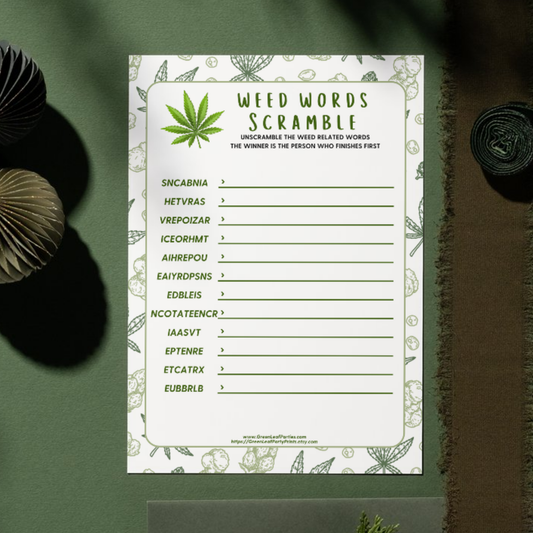 Weed Words scramble game with scrambled words and a cannabis leaf.