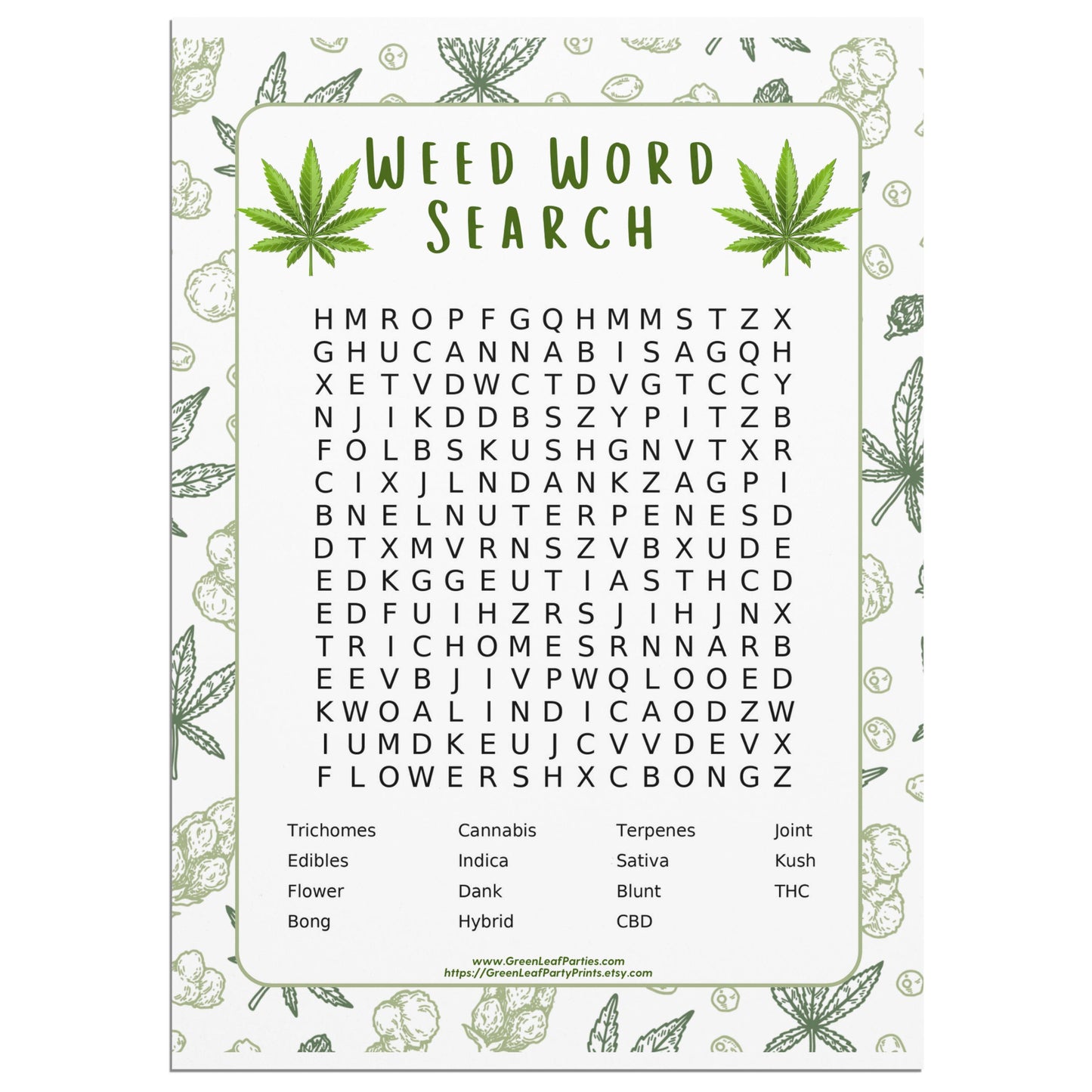 Word search puzzle featuring cannabis terms, with a list of words to find.