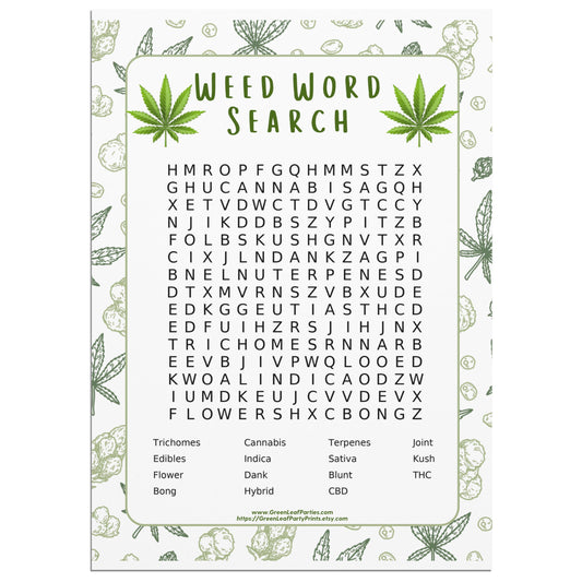 Word search puzzle featuring cannabis terms, with a list of words to find.