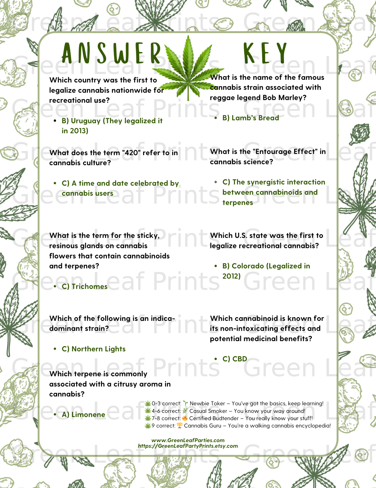 Cannabis quiz answering questions about legalization, strains, and cannabinoids.