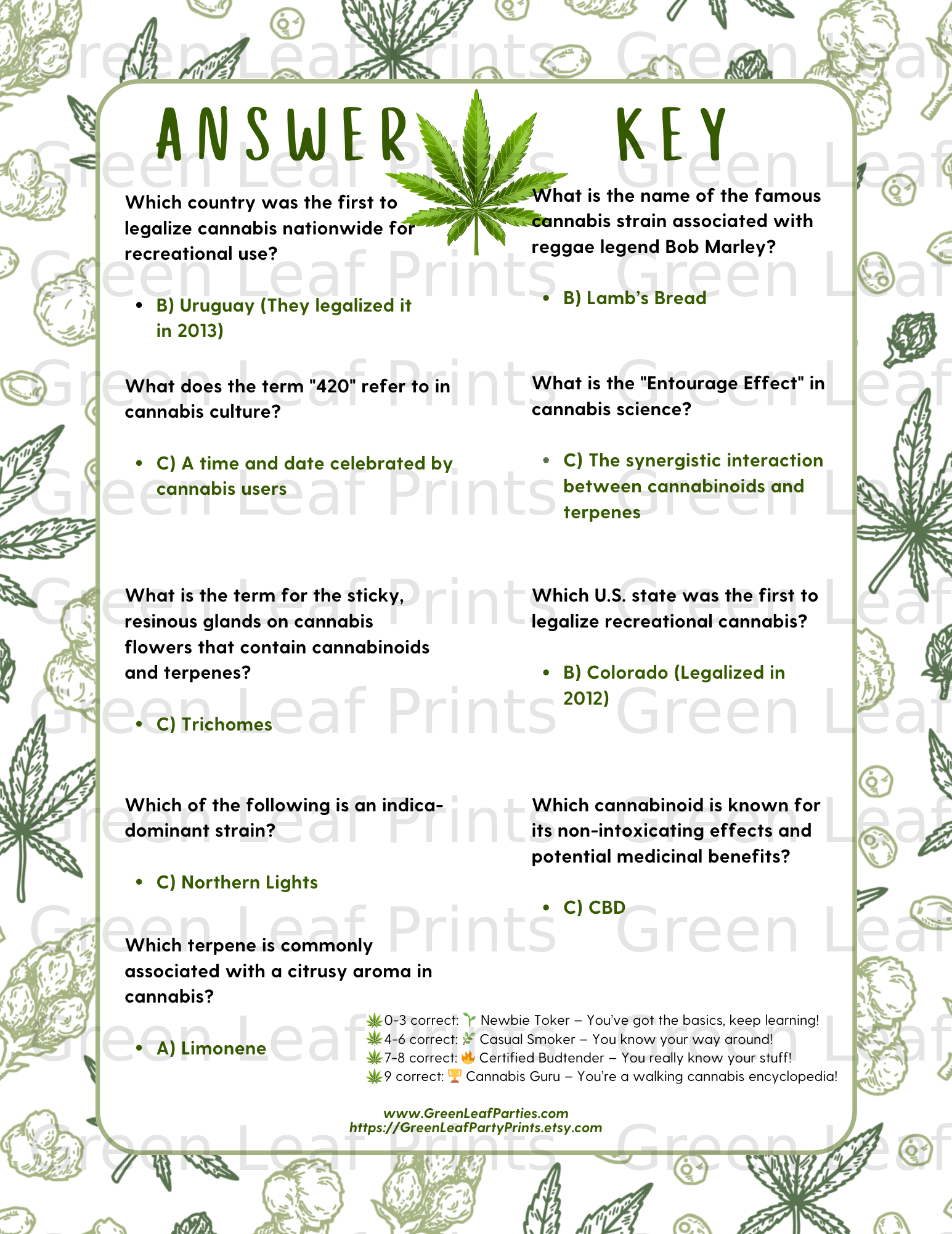 Cannabis quiz answering questions about legalization, strains, and cannabinoids.