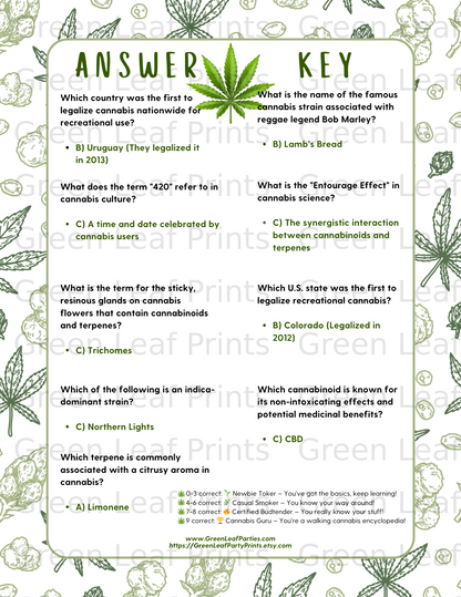 Cannabis quiz answering questions about legalization, strains, and cannabinoids.