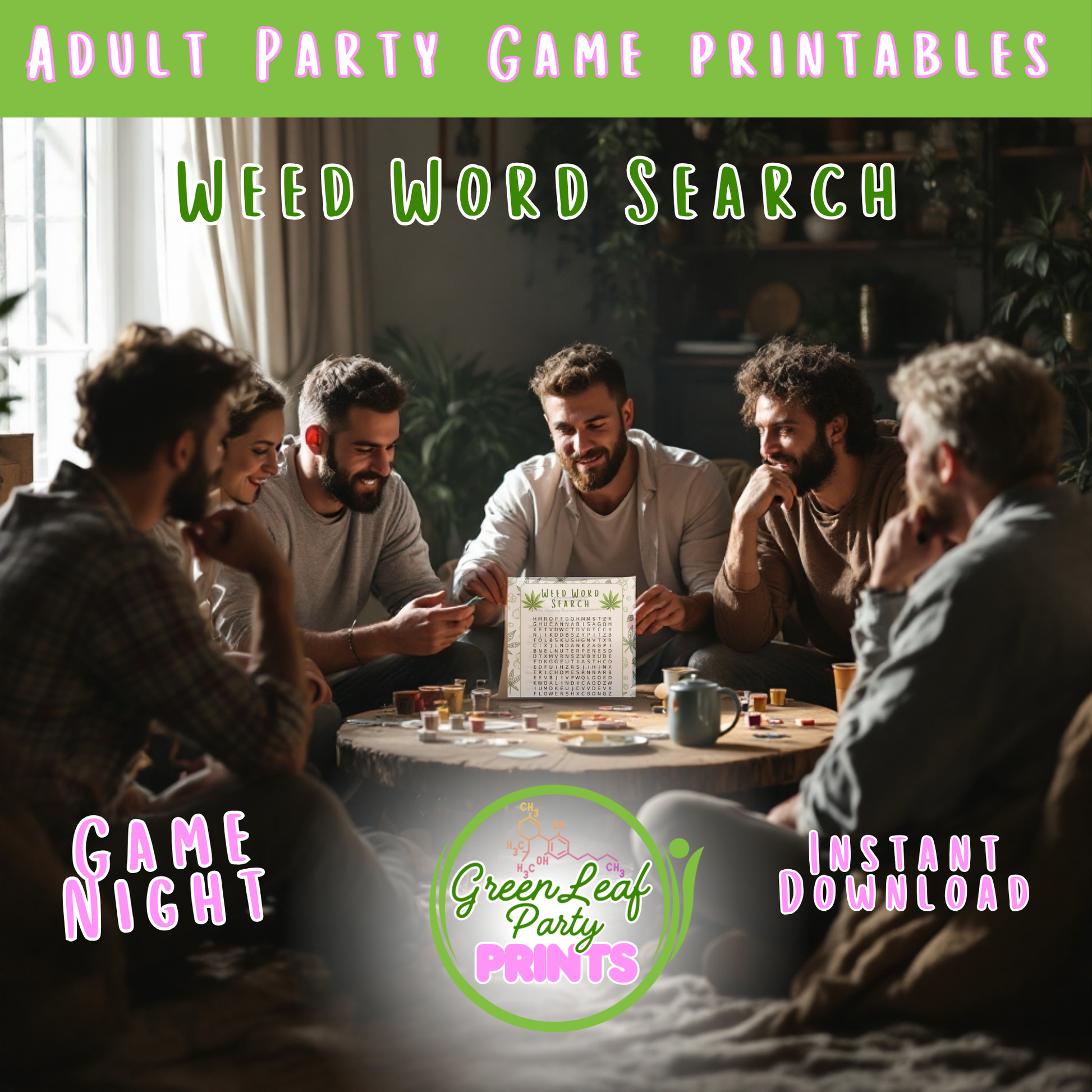 Adult party game printables: Weed Word Search, game night, instant download.