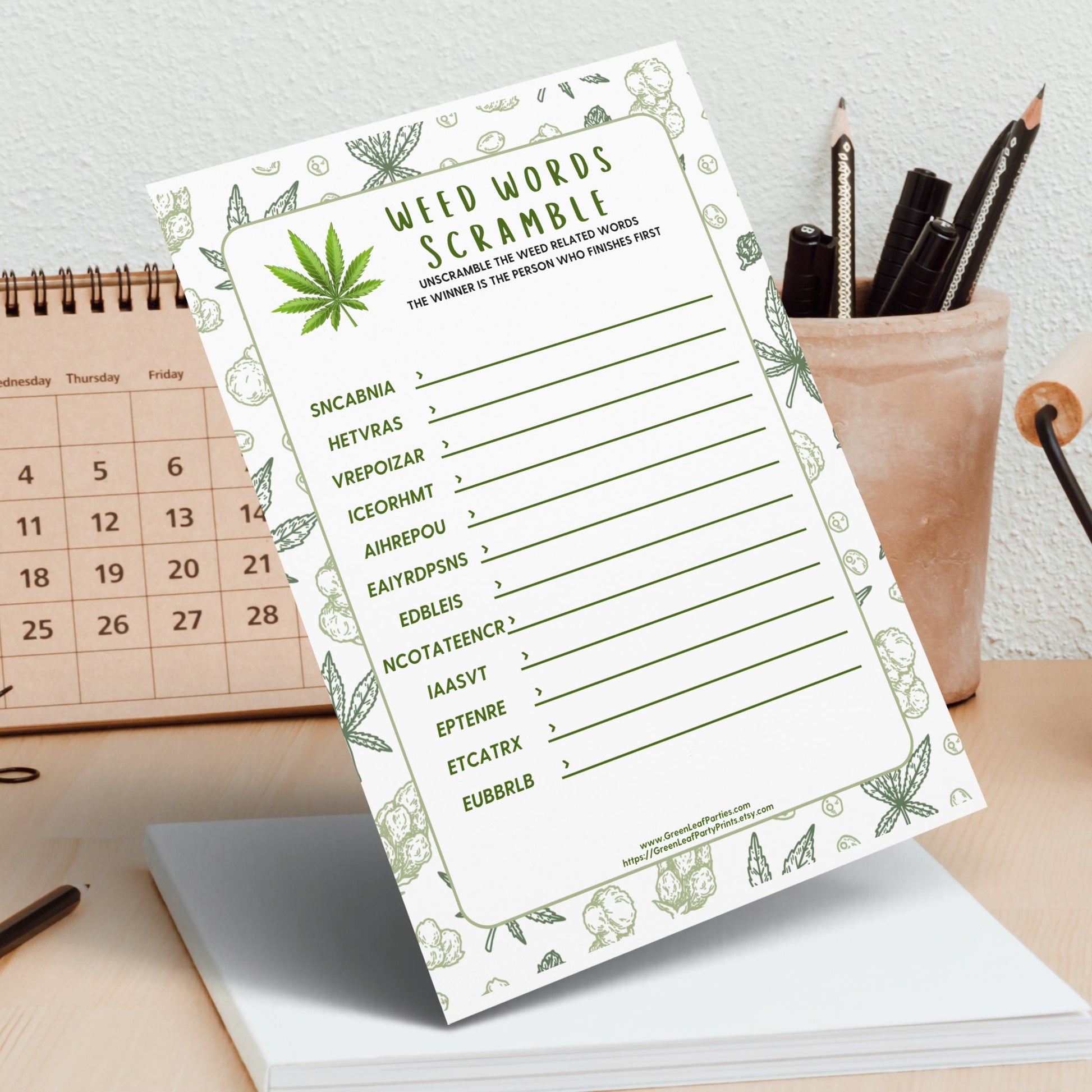 Weed Words Scramble game sheet with scrambled words and a cannabis leaf design.